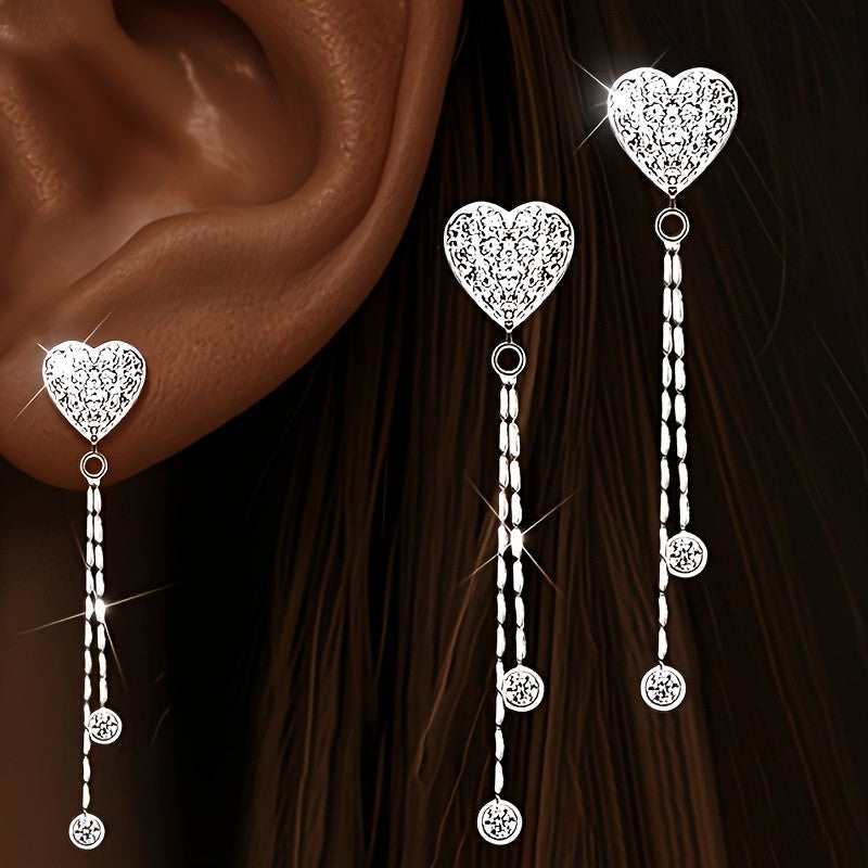 Crystal Heart Tassel Earrings