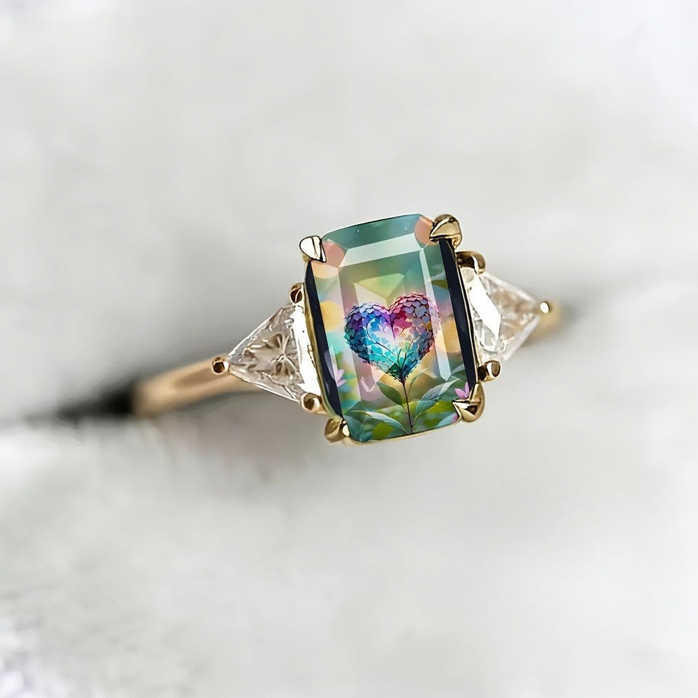 Rainbow Heart Rectangular Ring