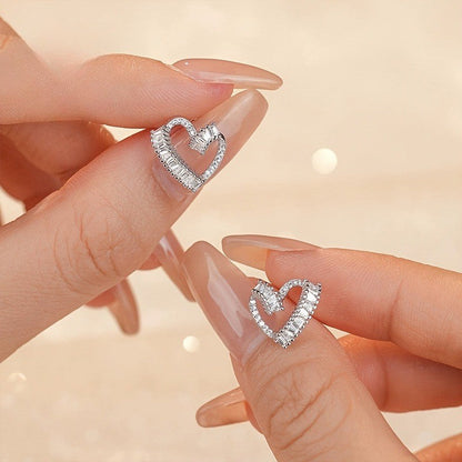 Baguette Crystal Heart Stud Earrings