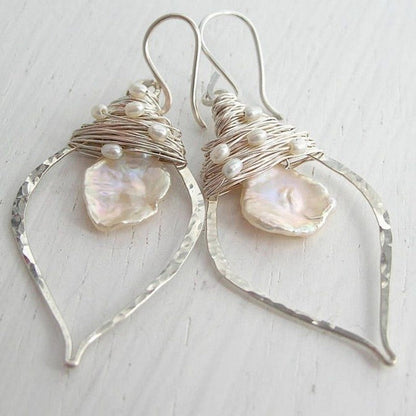 Wire Wrapped Shell Leaf Earrings
