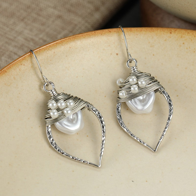 Wire Wrapped Shell Leaf Earrings