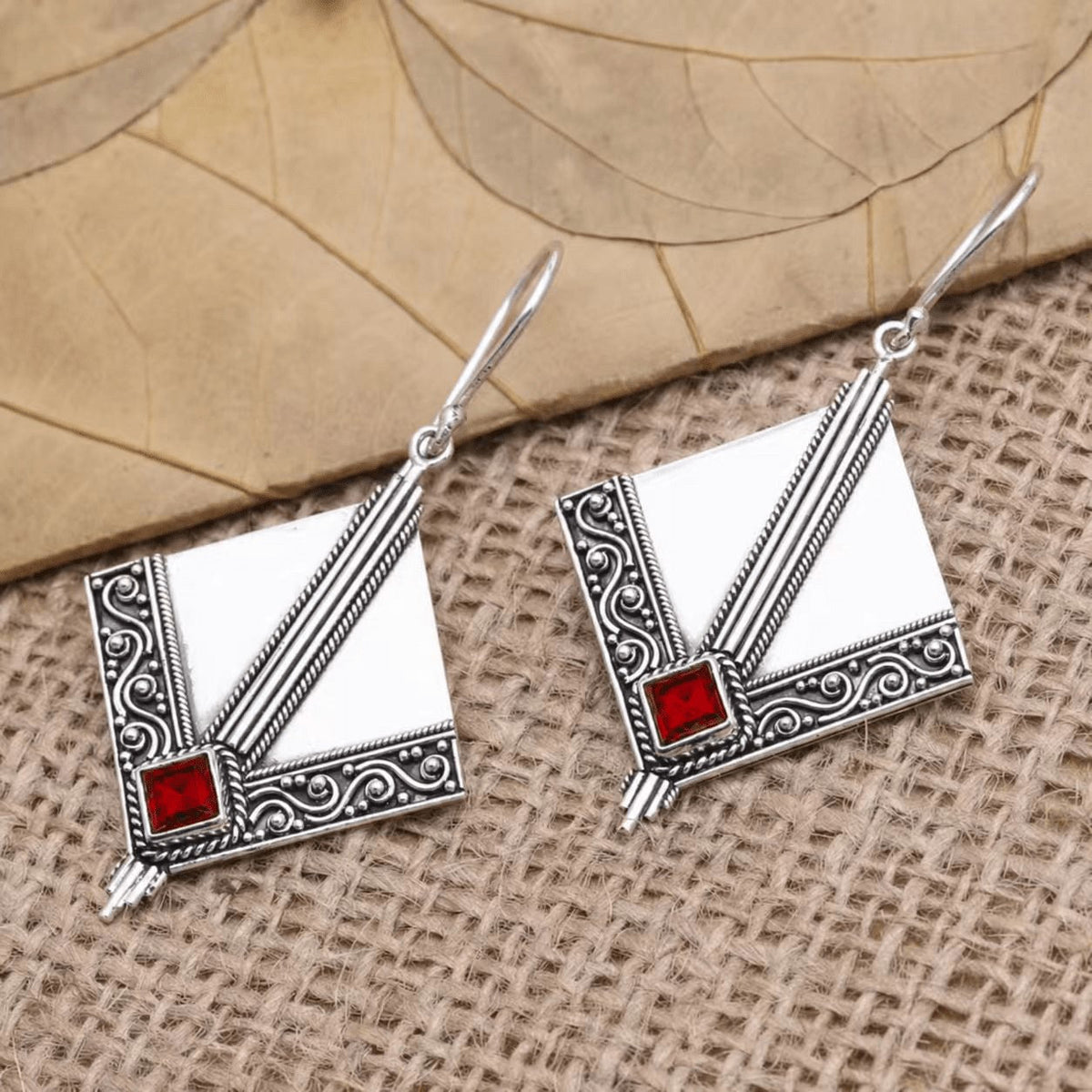 Red Square Scroll Earrings