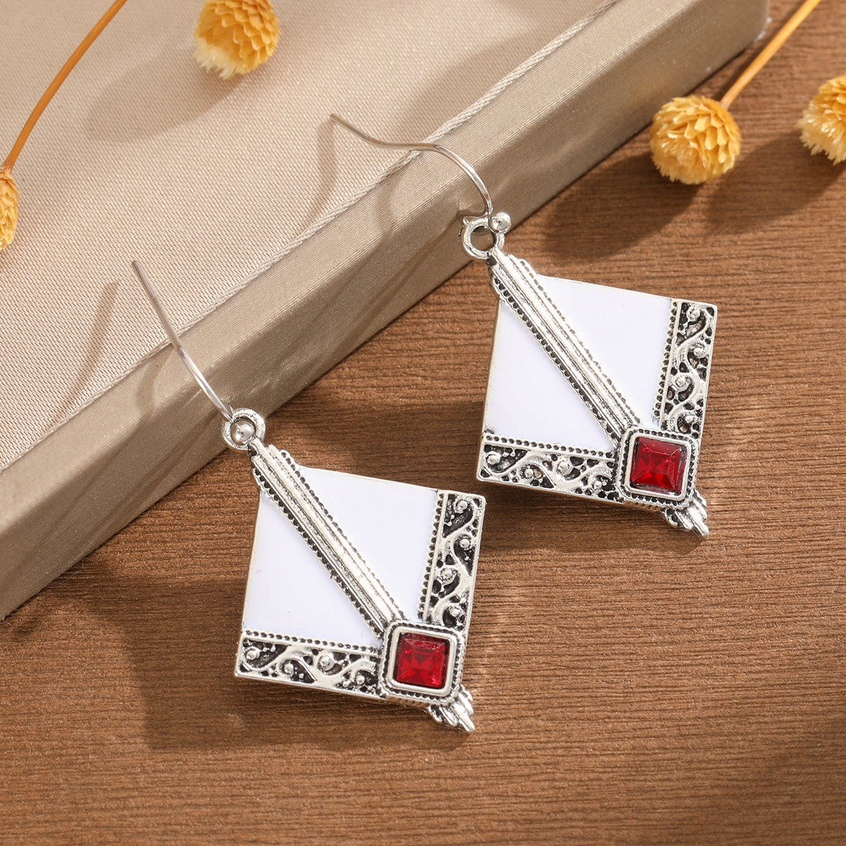 Red Square Scroll Earrings