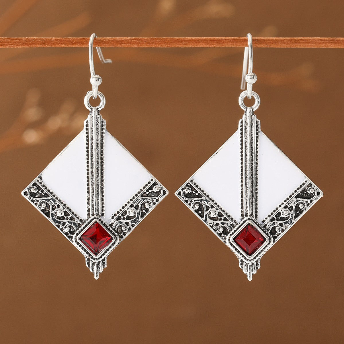 Red Square Scroll Earrings