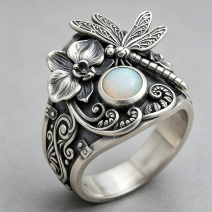 Dragonfly Floral Opal Ring