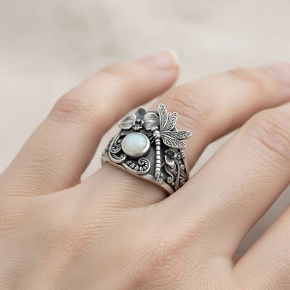 Dragonfly Floral Opal Ring