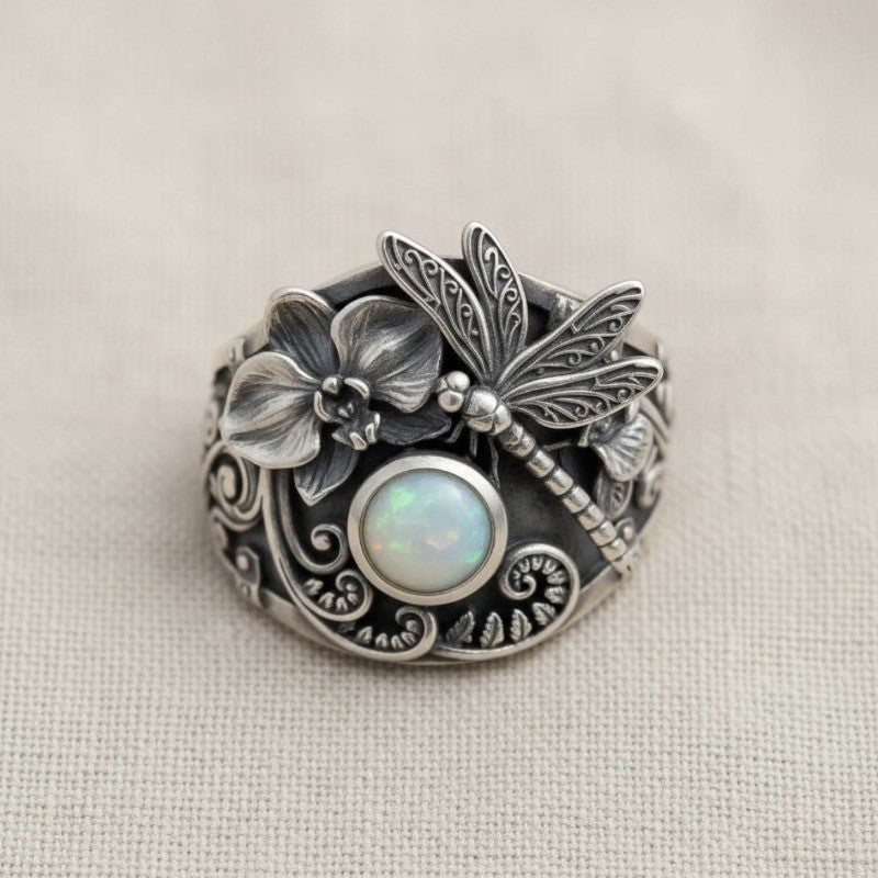 Dragonfly Floral Opal Ring