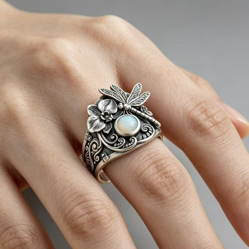 Dragonfly Floral Opal Ring