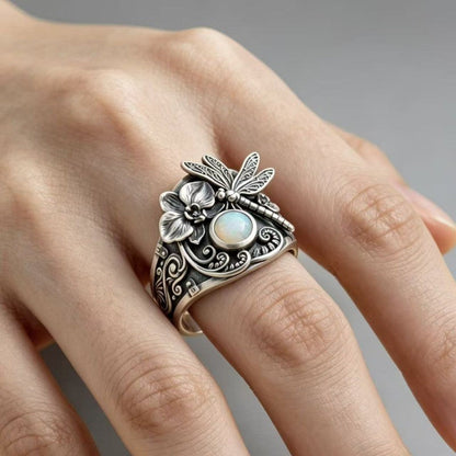 Dragonfly Floral Opal Ring