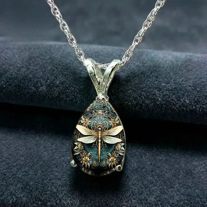 Teal Dragonfly Floral Necklace