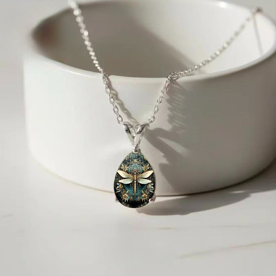 Teal Dragonfly Floral Necklace