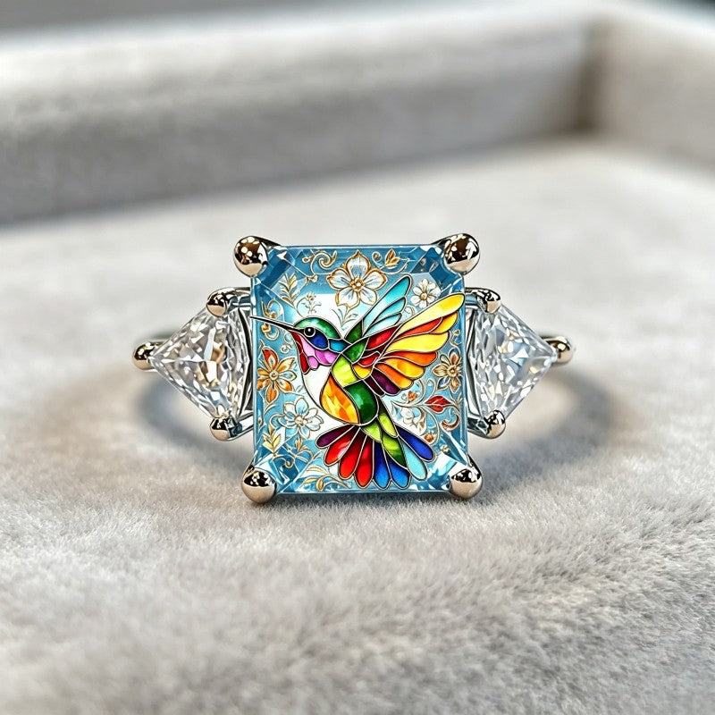 Rainbow Hummingbird & Crystal Square Ring