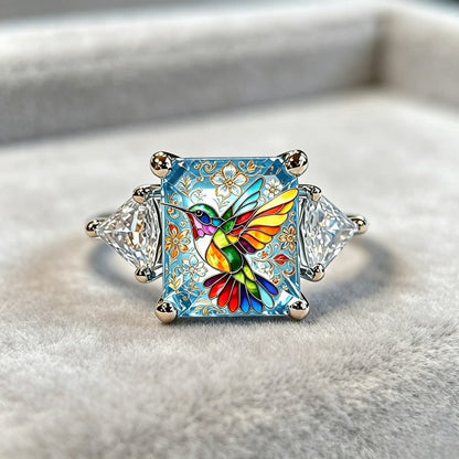 Rainbow Hummingbird & Crystal Square Ring