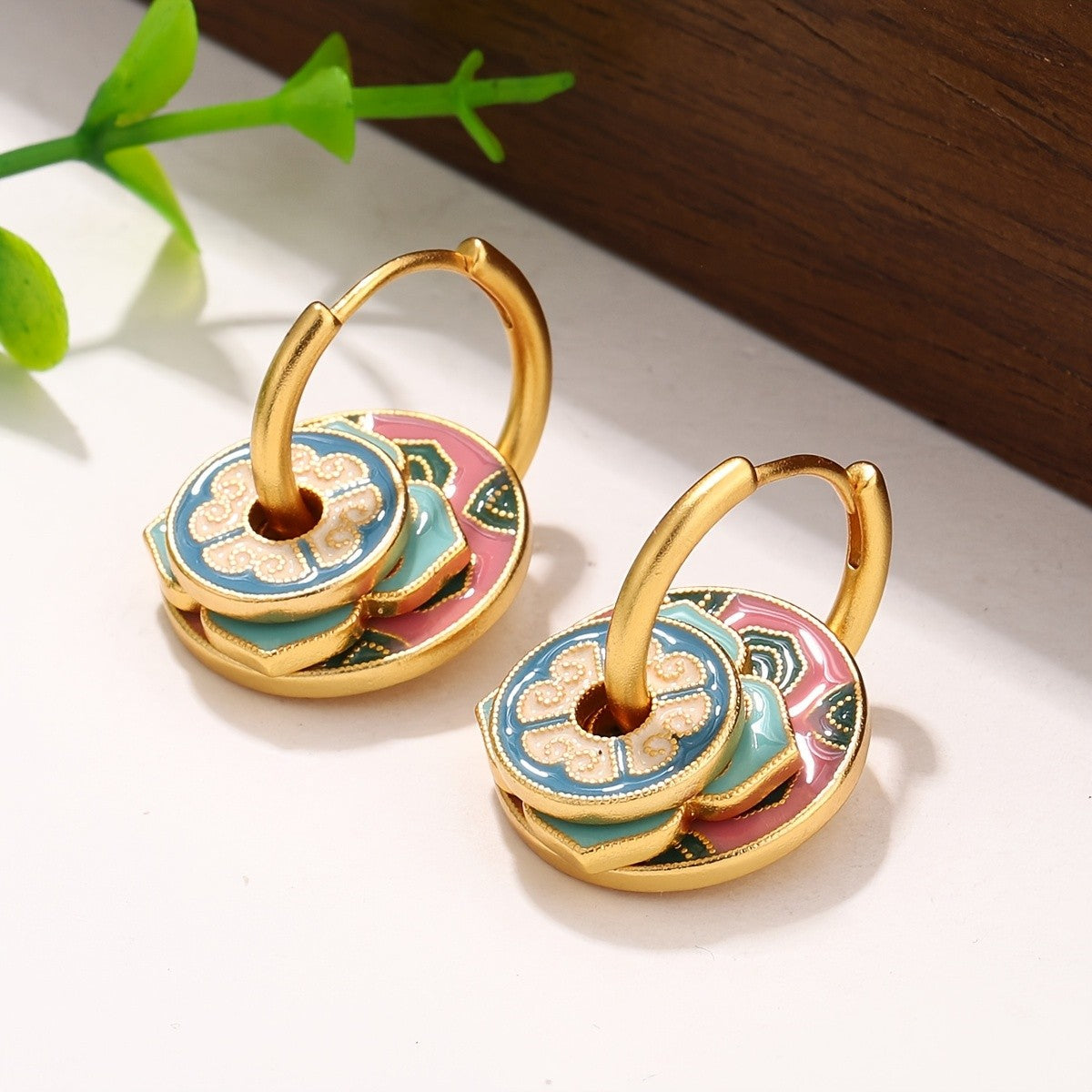 Layered Enamel Flower Hoop Earrings