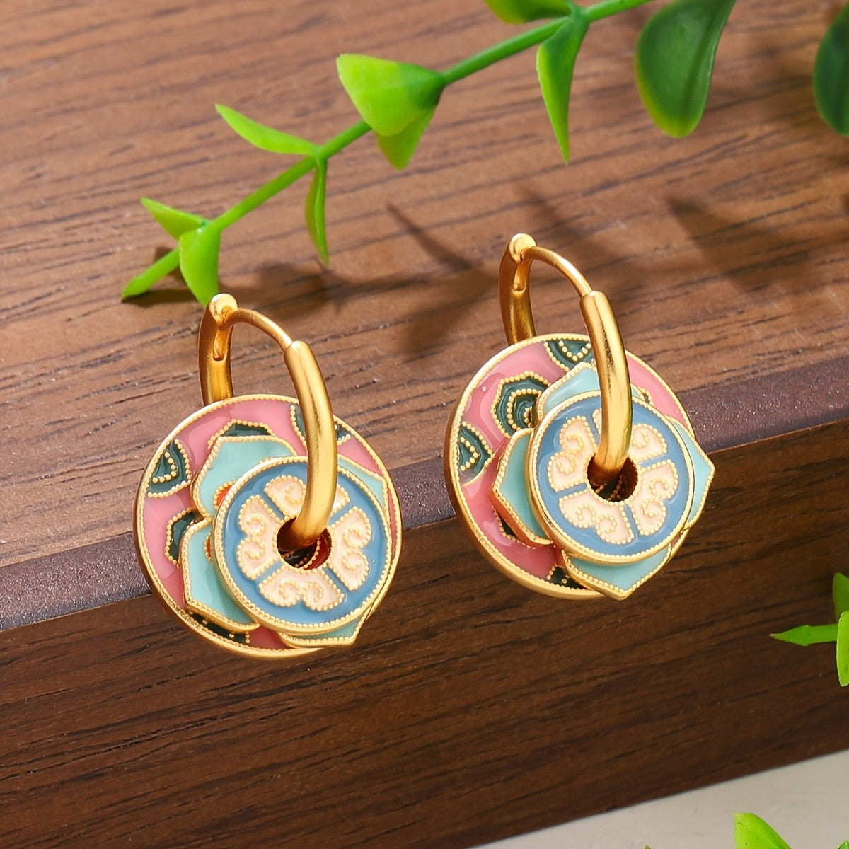 Layered Enamel Flower Hoop Earrings