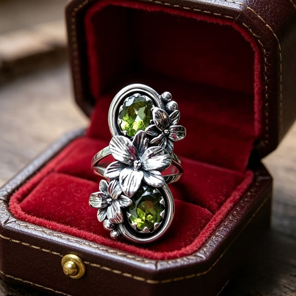 Double Peridot Floral Ring