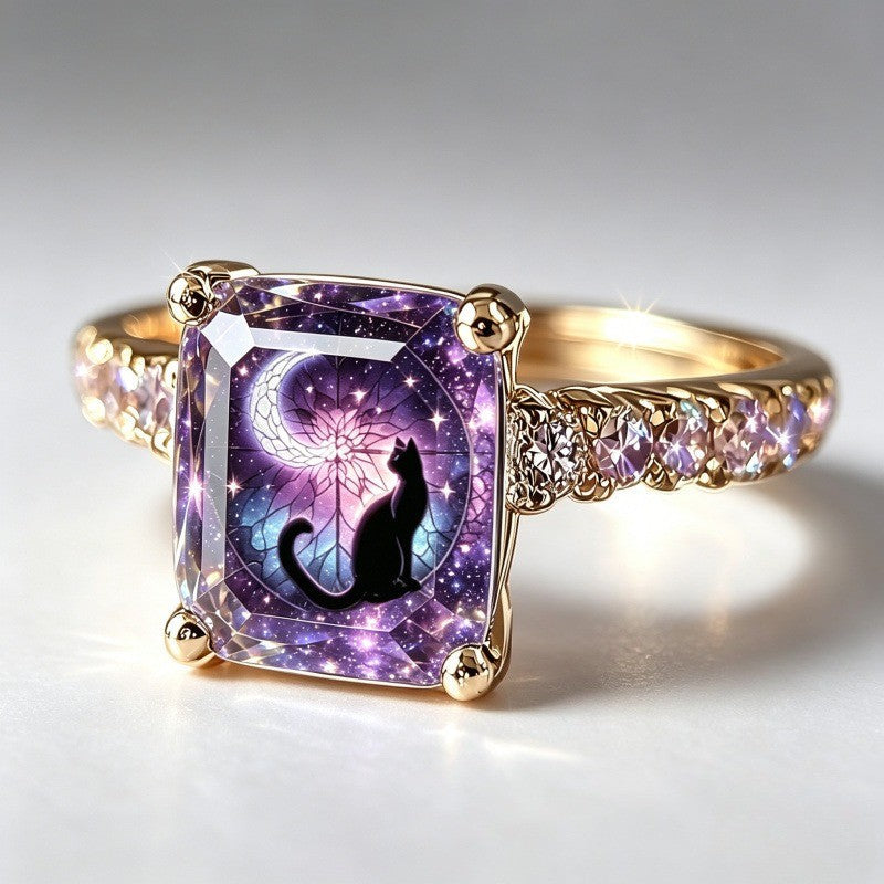 Galaxy Cat Crescent Moon Square Ring