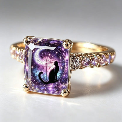 Galaxy Cat Crescent Moon Square Ring