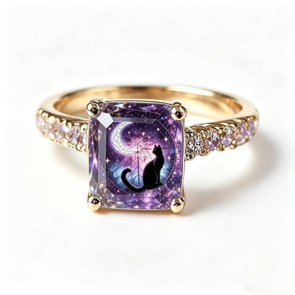 Galaxy Cat Crescent Moon Square Ring