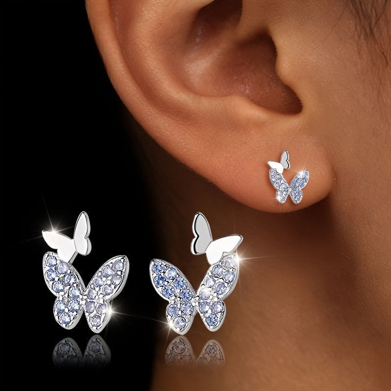 Blue Crystal Double Butterfly Stud Earrings