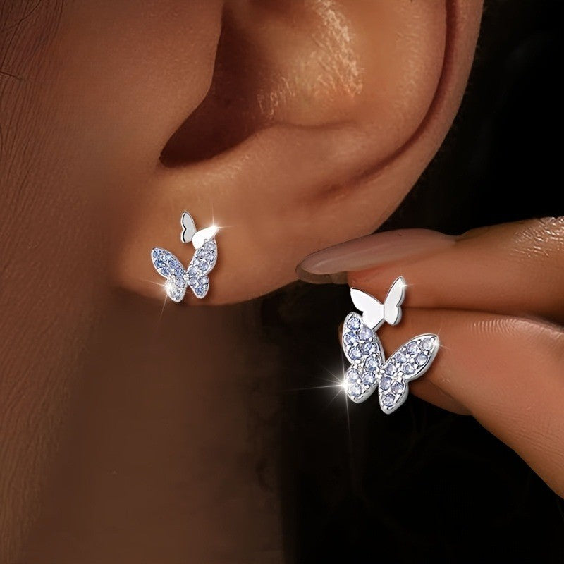 Blue Crystal Double Butterfly Stud Earrings