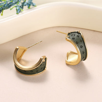Dark Green Star Pattern C-Shaped Earrings