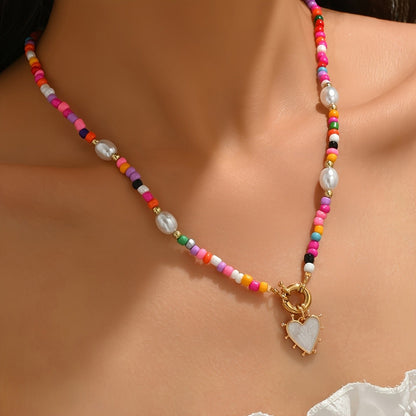 Multicolor Bead Heart Charm Necklace