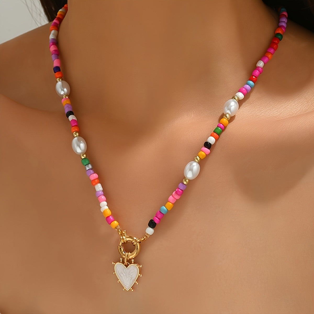 Multicolor Bead Heart Charm Necklace