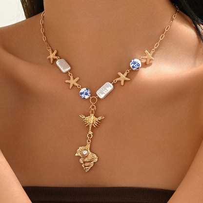 Starfish & Blue Floral Bead Necklace