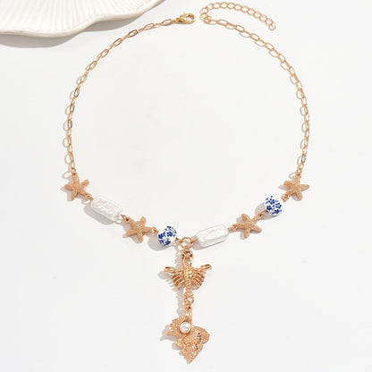 Starfish & Blue Floral Bead Necklace