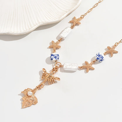 Starfish & Blue Floral Bead Necklace