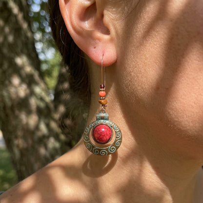 Red Stone Scroll Drop Earrings
