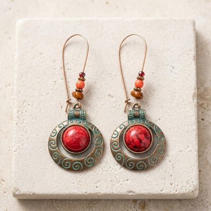 Red Stone Scroll Drop Earrings