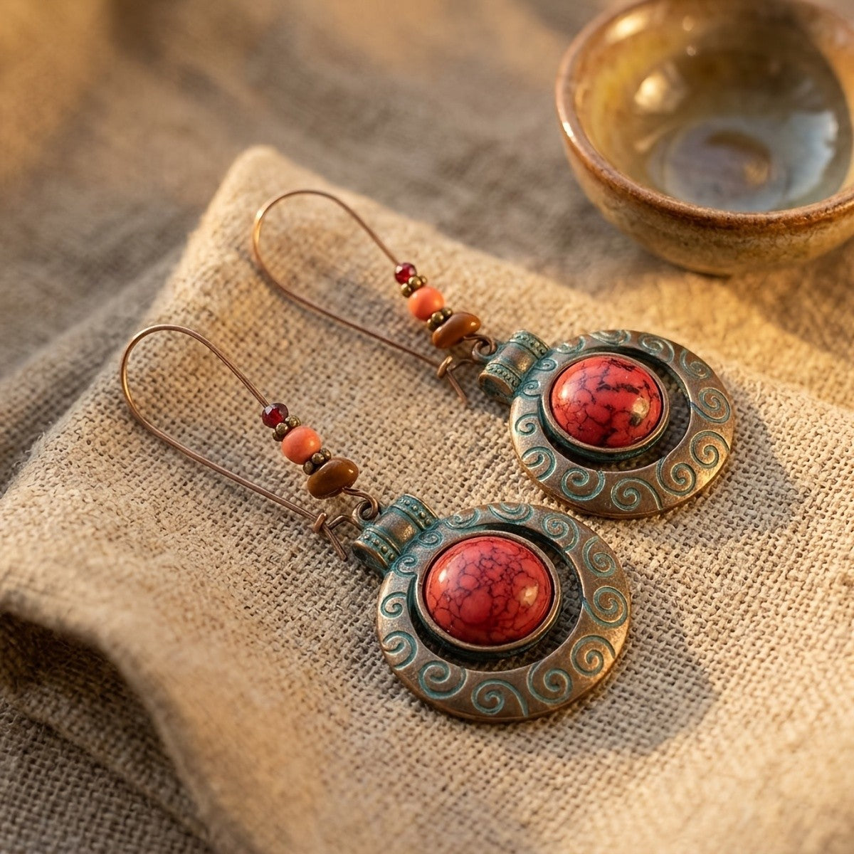 Red Stone Scroll Drop Earrings