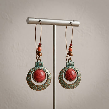 Red Stone Scroll Drop Earrings