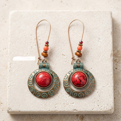 Red Stone Scroll Drop Earrings
