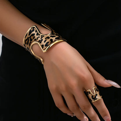 Leopard Print Cuff Bracelet & Ring Set
