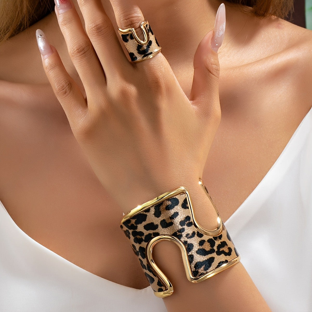 Leopard Print Cuff Bracelet & Ring Set