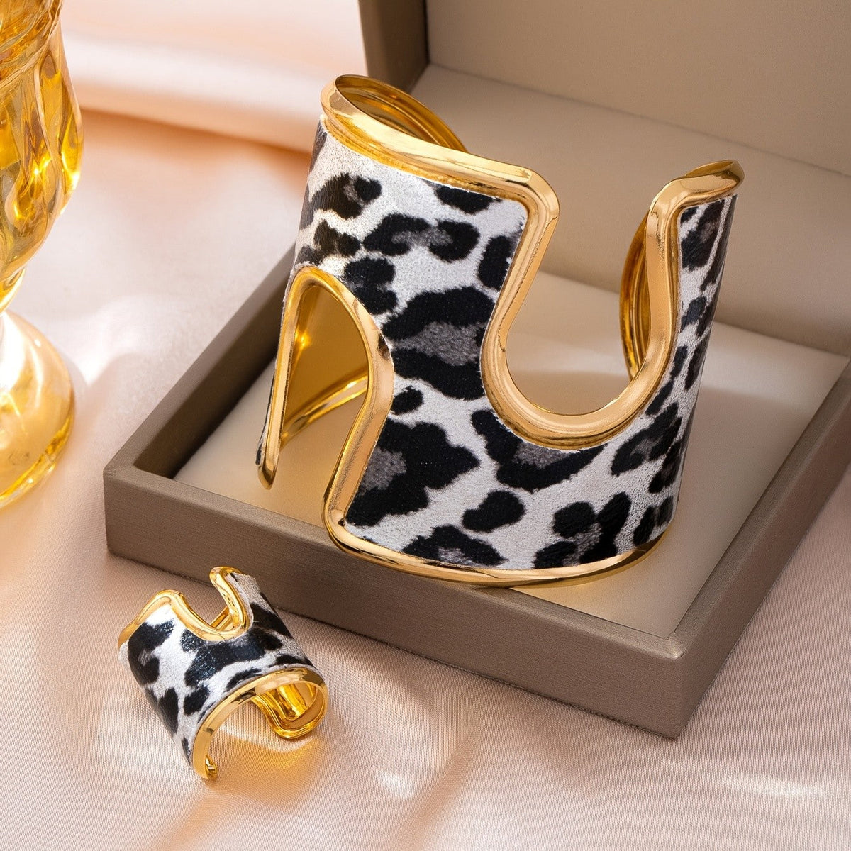 Leopard Print Cuff Bracelet & Ring Set