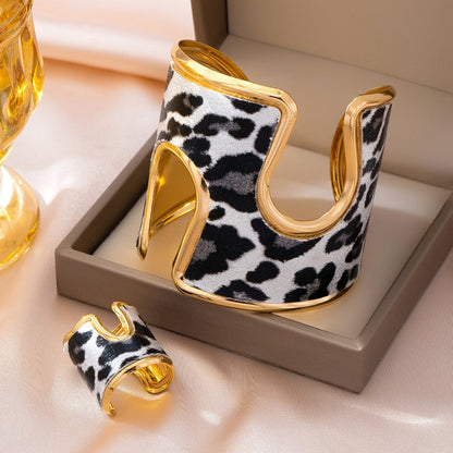Leopard Print Cuff Bracelet & Ring Set