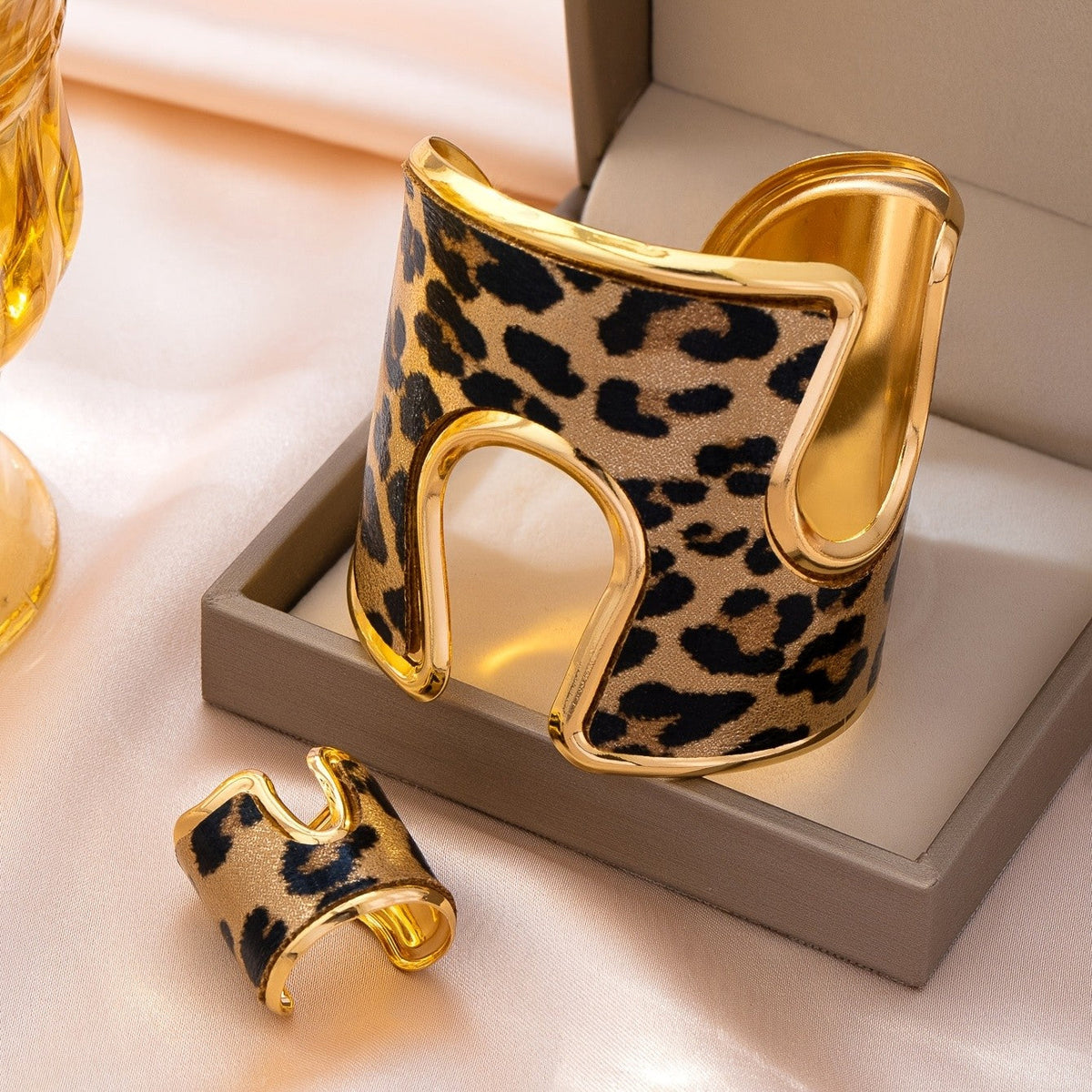 Leopard Print Cuff Bracelet & Ring Set