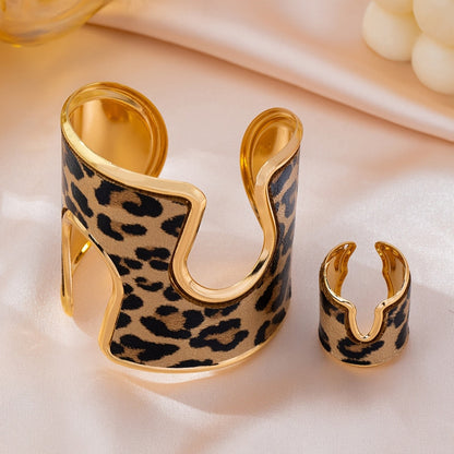 Leopard Print Cuff Bracelet & Ring Set