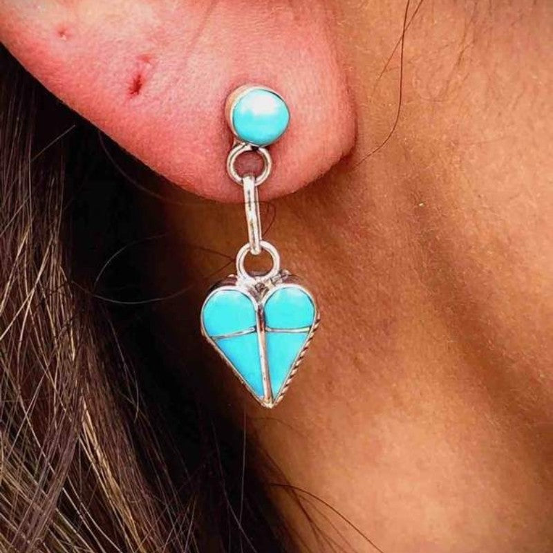 Turquoise Inlay Heart Drop Earrings