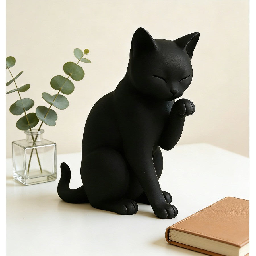 Grooming Black Cat Figurine