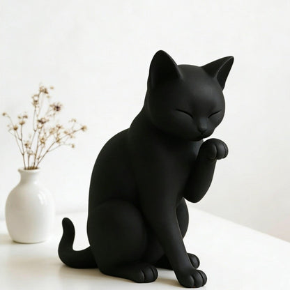 Grooming Black Cat Figurine