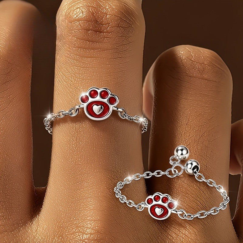 Red Paw Print Chain Ring