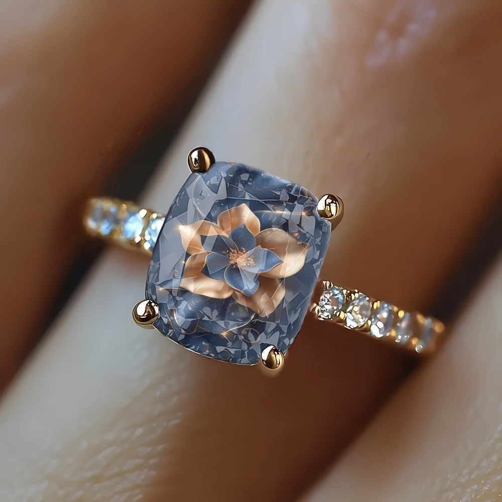 Blue Starry Floral Square Ring