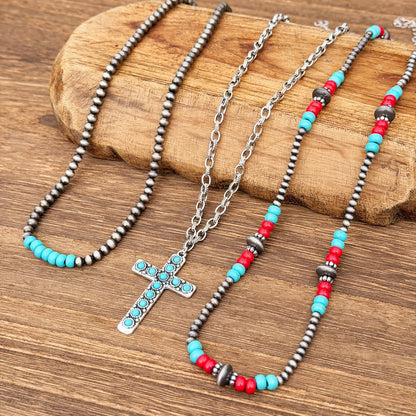 Turquoise & Red Beaded Cross Necklace Set