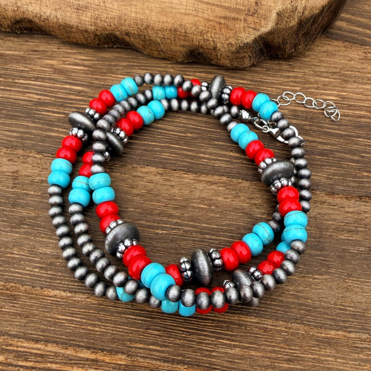 Turquoise & Red Beaded Cross Necklace Set