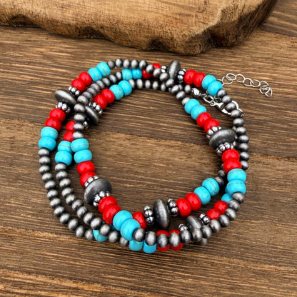 Turquoise & Red Beaded Cross Necklace Set